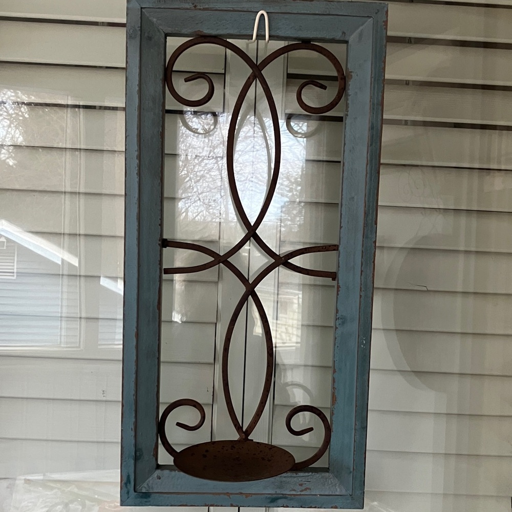 Rustic Blue Wood Frame With Brown Metal Design With Metal Candle Holder - Picture 9 of 10